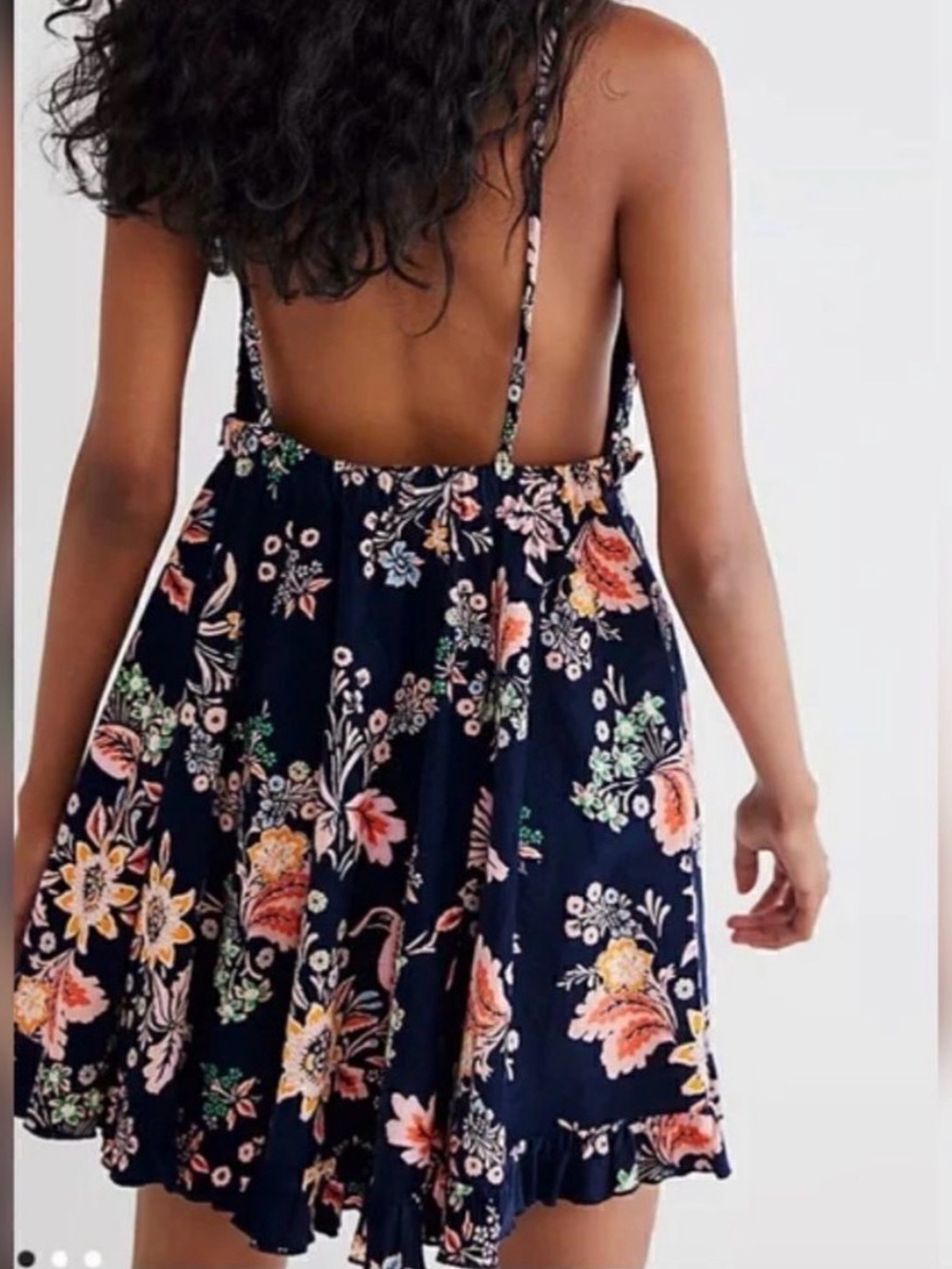 FREE PEOPLE Cord Looking Glass Mini Navy Blue Ruffle Corduroy Floral Small - Picture 3 of 11